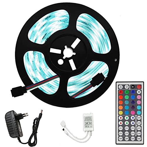 FOLGEMIR LED Streifen 5M RGB LED Strip 5050 SMD 150 LED Band, LED Lichtband Wasserfest mit 44 Tasten Fernbedienung 12V Netzteil für Haus, Raum, Party, Hochzeit, Dekoration von FOLGEMIR