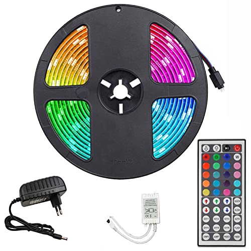 FOLGEMIR LED Streifen 5M RGB LED Strip 5050 SMD 300 LED Band, LED Lichtband Wasserfest mit 44 Tasten Fernbedienung 12V Netzteil für Haus, Raum, Party, Hochzeit, Dekoration von FOLGEMIR