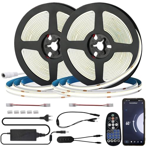 FOLGEMIR WIFI 10m (2x 5m) COB LED Streifen Neutralweiß 4000K, Dimmbar 8mm LED Strip mit 24V Netzteil & IR Fernbedienung, Timer, Musik, selbstklebend, IP20, kompatibel mit APP Tuya von FOLGEMIR