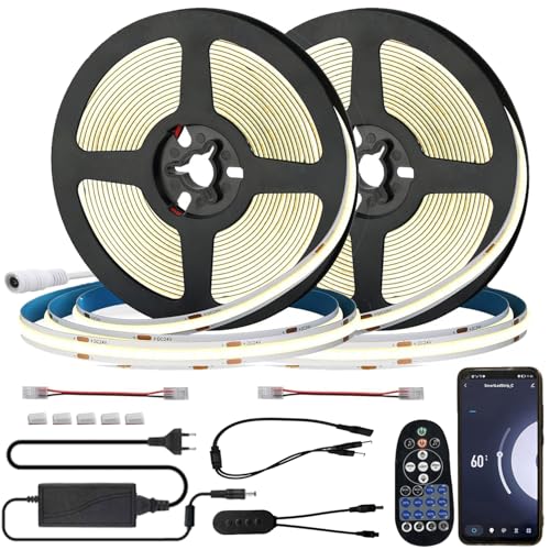 FOLGEMIR WIFI 10m (2x 5m) COB LED Streifen Warmweiß 3000K, Dimmbar 8mm LED Strip mit 24V Netzteil & IR Fernbedienung, Timer, Musik, selbstklebend, IP20, kompatibel mit APP Tuya von FOLGEMIR