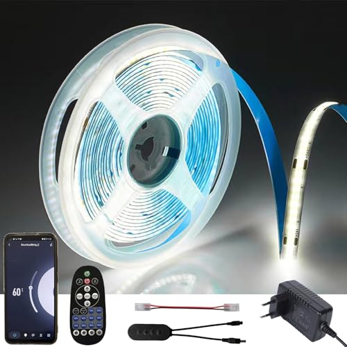 FOLGEMIR WIFI 5m COB LED Streifen Kalt Weiß 6000K, Dimmbar 8mm LED Strip mit 24V Netzteil & IR Fernbedienung, Timer, Musik, selbstklebend, IP20, kompatibel mit APP Tuya von FOLGEMIR