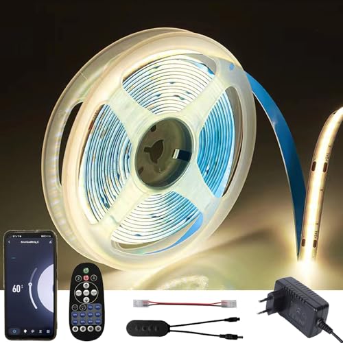 FOLGEMIR WIFI 5m COB LED Streifen Neutralweiß 4000K, Dimmbar 8mm LED Strip mit 24V Netzteil & IR Fernbedienung, Timer, Musik, selbstklebend, IP20, kompatibel mit APP Tuya von FOLGEMIR