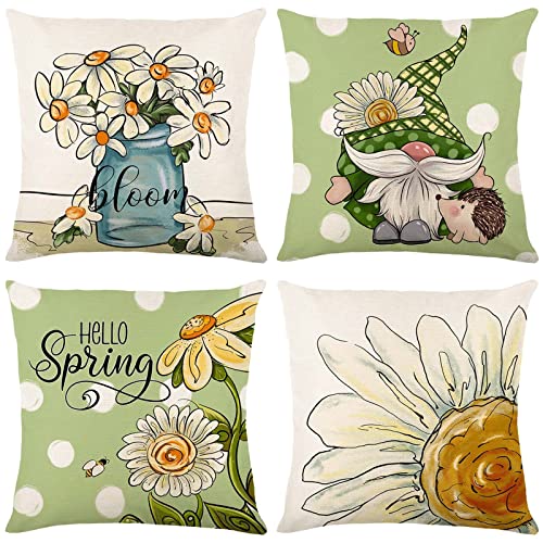 FOLOU 4er Set Sommer Kissenbezug 45 x 45 cm, Chrysantheme Zwerge Dekorativ Kissenhülle, Grün Einseitig aus Leinen Kissenbezug, Frühling Blumen Dekokissen für Sofa Schlafzimmer Wohnzimmer (A) von FOLOU