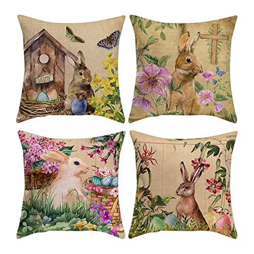 FOLOU 4er Set Ostern Kissenbezug 45 x 45 cm, Kaninchen und Gefärbte Eier Dekorativ Kissenhülle, Ostern Einseitig aus Leinen Kissenbezug, Frühling Blumen Dekokissen für Sofa Schlafzimmer Wohnzimmer von FOLOU