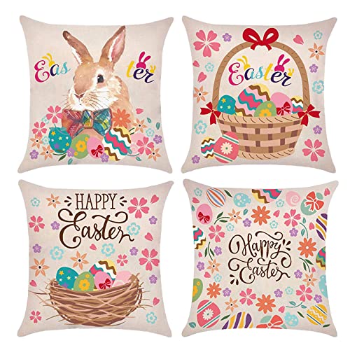 FOLOU 4er Set Ostern Kissenbezug 45x45cm, Rosa Pfirsichhaut Samt Frühling Kissenhülle, Ostern Hase Dekorativ Kissenbezüge für Wohnzimmer Sofa Büro Auto Dekor von FOLOU