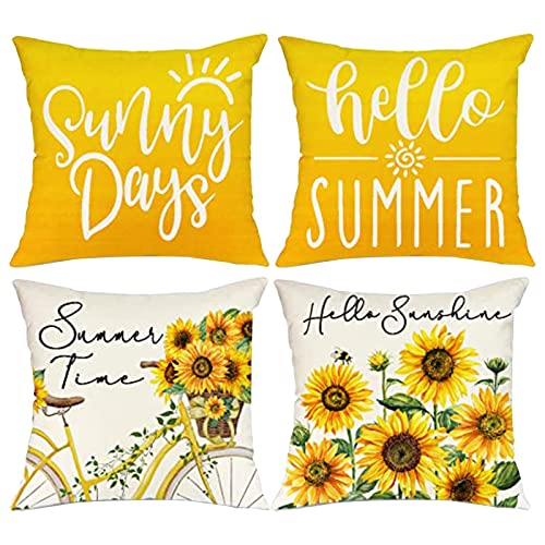 FOLOU 4er Set Sommer Kissenbezug 45 x 45 cm, Sommer Sonnenblumen Dekorativ Eiscreme Kissenhülle, Einseitig aus Leinen Kissenbezug, Sommer Dekokissen für Sofa Schlafzimmer Wohnzimmer (F) von FOLOU