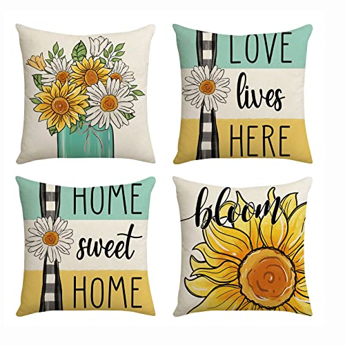 FOLOU 4er Set Sonnenblume Kissenbezug Sommer 45 x 45 cm, Sonnenblume Deko Kissenhülle, Gelb Einseitig aus Leinen Kissenbezug, Sonnenblume Dekokissen für Sofa Schlafzimmer Wohnzimmer (B) von FOLOU