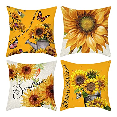 FOLOU 4er Set Sonnenblume Kissenbezug Sommer 45 x 45 cm, Sonnenblume Deko Kissenhülle, Gelb Einseitig aus Leinen Kissenbezug, Sonnenblume Dekokissen für Sofa Schlafzimmer Wohnzimmer (C) von FOLOU