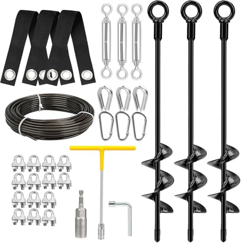 Robuste Baumstützpfähle-Set zum Anlehnen von Bäumen, 45,7 cm Spiralbodenanker mit Gurten und Spannschlössern und PVC-beschichtetem Drahtseil, rostfreie Stahl-Baumpfähle zum Glätten und Stabilisieren von FOLUXING
