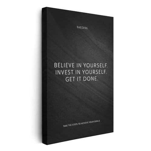 FOMACO Inspiring Art - Motivation Leinwand - 20x30 cm Hochformat - Believe in yourself. Invest in yourself. - Schwarzgrau Steinoptik - Motivationsbild Wandbild Büro Sprüche Inspiration von FOMACO Inspiring Art