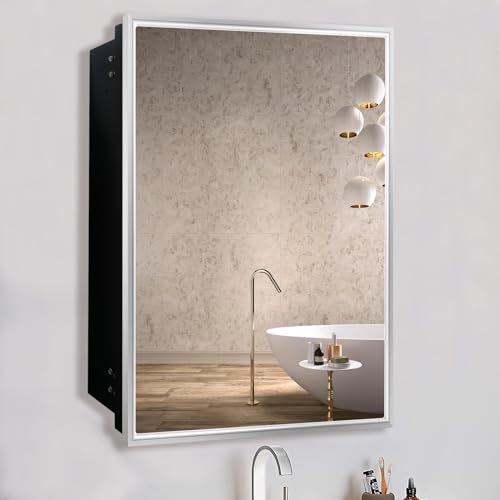 FOMAYKO Badezimmer-Medizinschrank mit Spiegel, Nische oder Oberflächenmontage, Badezimmer-Schminkspiegelschrank, eintüriger Schrank, Famerhouse-Badezimmerspiegel mit Aufbewahrungsschrank (Bürste, von FOMAYKO