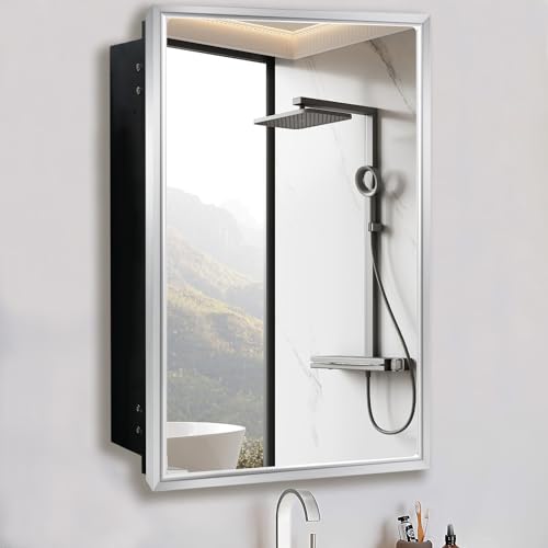 FOMAYKO Badezimmer-Medizinschrank mit Spiegel, Nische oder Oberflächenmontage, Badezimmer-Schminkspiegelschrank, eintüriger Schrank, Famerhouse-Badezimmerspiegel mit Aufbewahrungsschrank von FOMAYKO