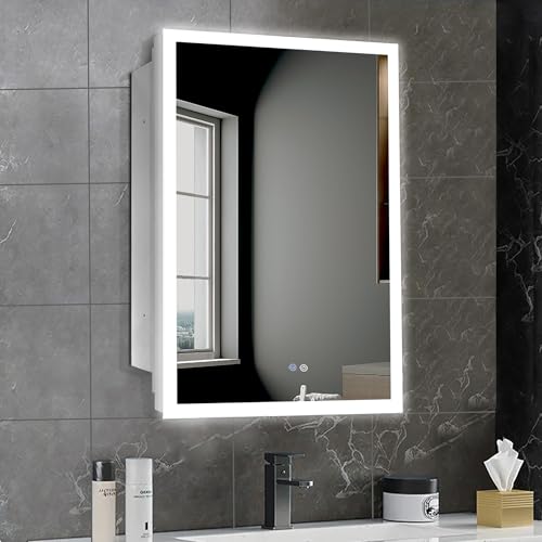 FOMAYKO Intelligenter beleuchteter Medizinschrank mit Anti-Beschlag-Spiegel, 40,6 x 66 cm, dimmbare LED, Touch-Steuerung, 3 Glasablagen, Einbau- oder Oberflächenmontage, Badezimmer-Aufbewahrung von FOMAYKO