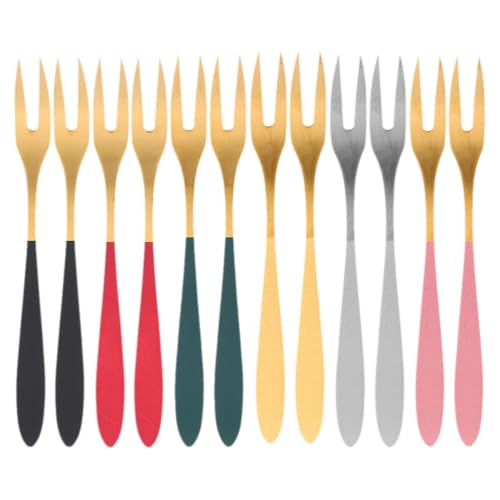 FOMIYES 12 Dessertgabeln: 2-zinkige Mini-Kuchen- und Obstgabeln aus Edelstahl – Metallspieße für Vorspeisen, Salate und Partys – Besteck, einfach zu verwenden von FOMIYES