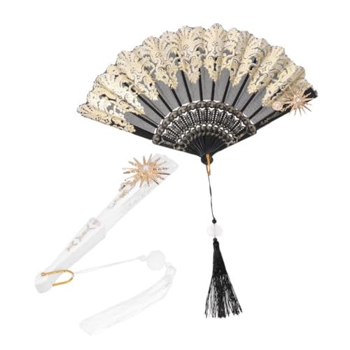 FOMIYES 2 Stück Vintage Spitzenfächer mit Quasten Faltbare Handfächer für Tanz Hochzeit und Fotografie Eleganter Retro Look Schwarz und Weiß von FOMIYES
