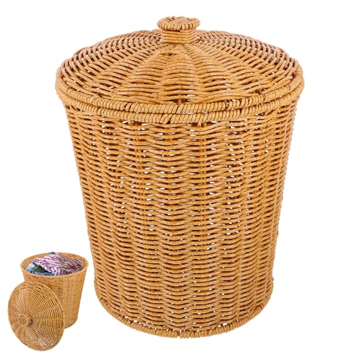 FOMIYES Gewebter Korb mit Deckel, Rattan-Mülleimer, kleiner Müllbehälter, Abfalleimer, Wäschekorb, Pflanzkorb, Recycling-Mülleimer, für Zuhause, Badezimmer, Küche, Garten von FOMIYES