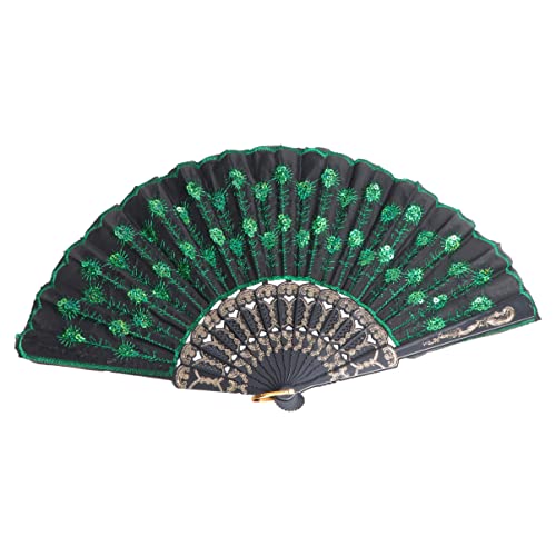FOMIYES Pfauenfeder Fächer Fächer Pfauenfeder Gestickte Pailletten Handheld Fan Fan Peacock Muster Stoff Handlüfter Vintage Folding Hand Fan Für Tanzparty Fächer Pfauen von FOMIYES