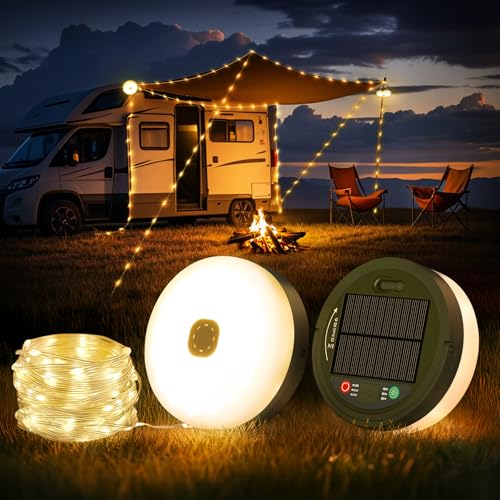 10M Camping Lichterkette Aufrollbar, Tragbare 3 in 1 Outdoor Lichterkette, Solar & USB Aufladbar Campinglampe mit 8 Beleuchtungsmodi, Wasserdicht LED Lichterkette Außen für Camping, Hof und Wandern von FOMYHEARD