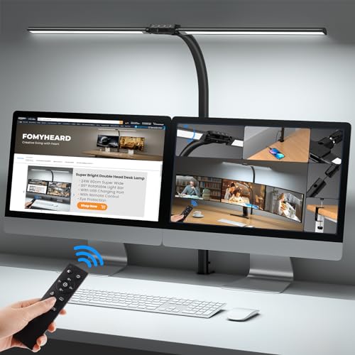 Doppelkopf Schreibtischlampe LED Dimmbar, 24W 80CM Schreibtischlampe Klemmbar, Augenschutz Tageslichtlampe mit Fernsteuerung, 10 Farb 10 Helligkeitsstufen, Home Büro Tischlampe Monitor Lampe mit USB von FOMYHEARD