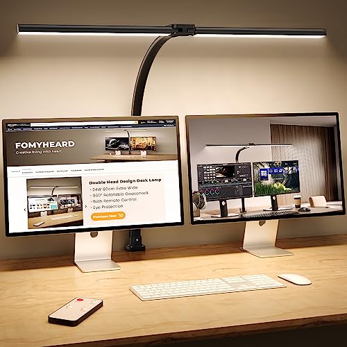 Doppelkopf Schreibtischlampe LED Dimmbar, 24W 80CM Schreibtischlampe Klemmbar, Augenschutz Tageslichtlampe Schreibtisch Lampe, 5 Farbtemperatur 5 Helligkeitsstufen, Büro Tischlampe Monitor Lampe von FOMYHEARD