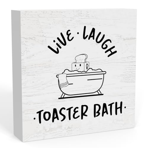 Lustiges "Live Laugh Toaster"-Badeschild, Bauernhaus, Badezimmer, WC-Dekoration, 17,8 x 17,8 cm, dunkles Humor-Dekor, schwarz-weiß, Dekorationen für Gäste, halbes Badezimmer, Regale, Toilette, dunkler von FONALO