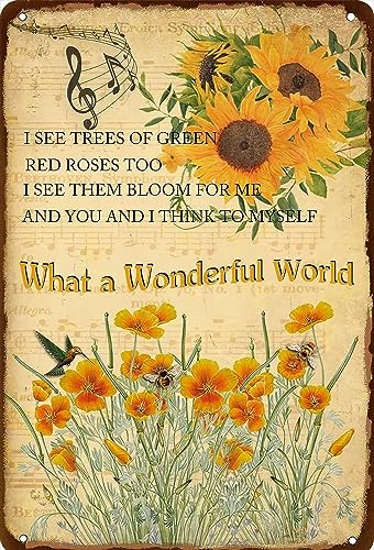 Metall-Blechschild mit Aufschrift "What A Wonderful World", Vintage-Sonnenblumen-Wanddekoration, "I See Trees Of Green Red Rose Too", Retro-Blumen, Poster, Garten, Eingangsbereich, Galerie, von FONALO