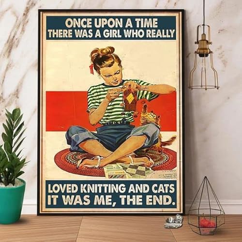 Retro-Blechschild "Girl Really Loved Knitting and Cat", Metall-Blechschild, Wanddekoration für Männer, Frauen, Restaurants, Cafés, Bars, Pubs, 14 x 20 cm von FONALO