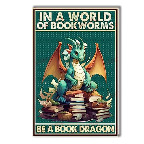 Retro Metall-Blechschild In A World Of Bookworms Be A Book Dragon für Schlafzimmer, Poster für Büro, 20 x 30 cm von FONALO