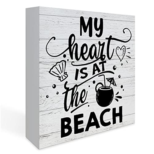 Rustikales Holz-Schild mit Aufschrift "My Heart is at the Beach", Bauernhaus-Strand-Kunstwerk, Sommer-Strand-Holzschild, quadratisches Schild, Schreibtisch-Block, Schilder, Heimregal-Dekoration, 12,7 von FONALO