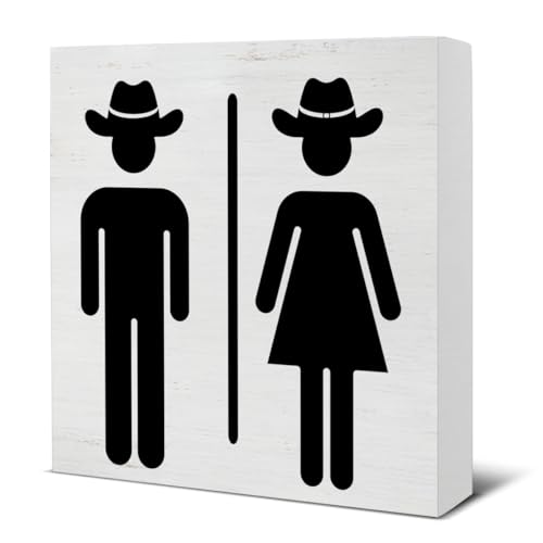 Western-Badezimmer-Dekor, lustige Badezimmerschilder, Cowboy und Cowgirl, Holzschild, westliche Dekorationen für Zuhause, Badezimmer, Toilette, 12,7 x 12,7 cm von FONALO