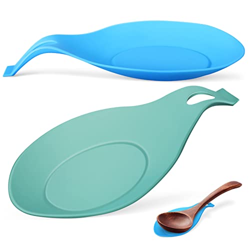 FONDOTIN 2 Stück Silikon Löffelablagen Flexibel Hitzebeständig Küchenutensilien Halter für Löffel Spatel und Kochbesteck Aufhängemöglichkeit Nordic Grün und Blau von FONDOTIN