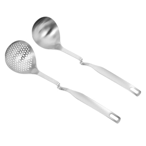 FONDOTIN 2 Stück Suppenkelle Teiliges Set mit Flachem Boden Langlebiger Küchenhelfer für Zuhause Hitzebeständiger Schöpflöffel mit Langem Griff für Hotpot und Suppen Rostfrei von FONDOTIN