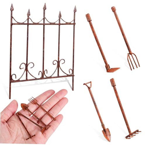 FONDOTIN 5 Stück Teiliges Miniatur Gartenset mit Rechen Schaufel Grabegabel und Mini Zaun Detailgetreue Landschaftsdekoration für Puppenhäuser und Sandtische für Bastler von FONDOTIN