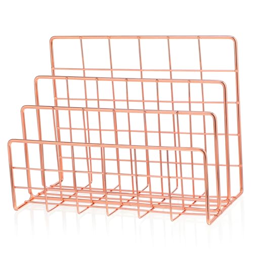 FONDOTIN Moderner Metall Zeitschriftenhalter Fächer Mail Organizer Schreibtisch Ablage Regal für Büro und Zuhause Kompakter Aufbewahrungsständer in Roségold Platzsparend und Dekorativ von FONDOTIN