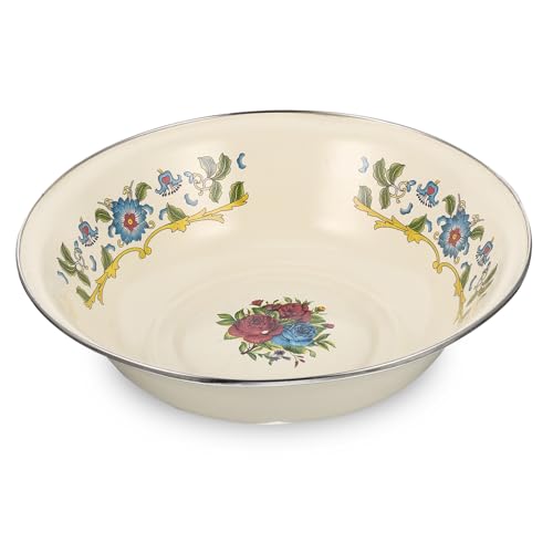 FONDOTIN Vintage Emaille Waschbecken Mehrzweck Suppenschüssel mit Deckel Cremefarbene Emaille Schüssel für Suppe Obst Snacks und Dekoration Zuhause von FONDOTIN