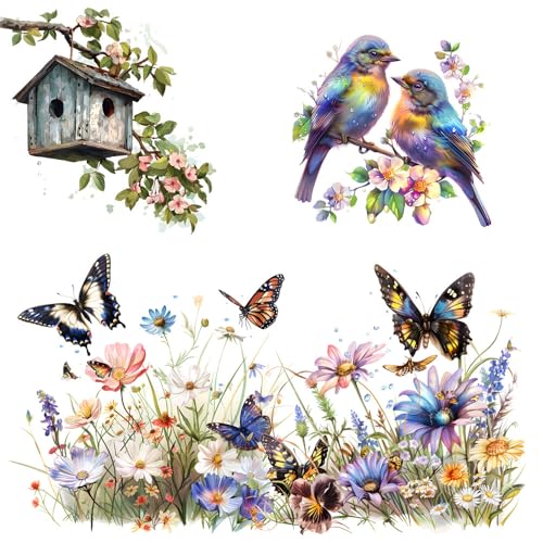 2 Stück Fensterbilder Blumen Vogel Selbstklebend Fenster Deko, Fenstersticker Frühling Fensterdeko, Fensteraufkleber Sommer, Fensterbilder Frühling für Wohnzimmer Schlafzimmer Bad Küche Glas Deko von FONDUO