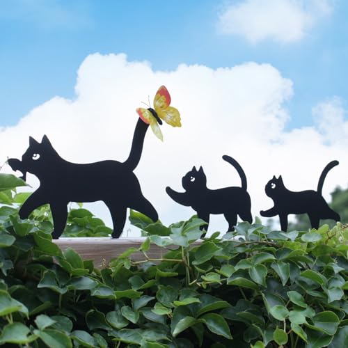 3 Stück Gartenstecker Metall Schwarz Katzen Deko, Gartendeko Frühling Für Draußen, Deko Garten Metall Kätzchenfamilie Figuren, Gartenstecker Frühling Dekoration, Garten Terrasse Rasen Tiere Decor (A) von FONDUO