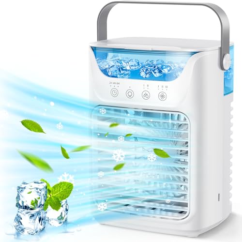 3 in 1 ventilator mit wasserkühlung, Luftkühler Mini und Luftbefeuchter, tischventilator mit 3 Stufen &7 Farben LED-Licht, wasserventilator mit sprühnebel, mobile klimaanlage mit 700ml Wassertank von FONDUO
