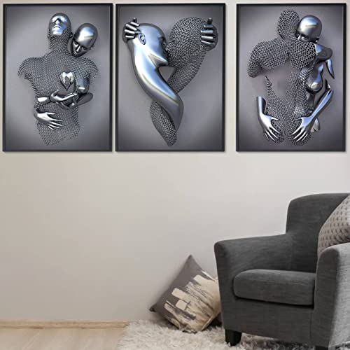 3D Metallfigur Statue Kunst Liebe Herz Bilder Wandkunst Deko, 3 Stück Abstrakte Metallfigur Skulptur Leinwand Malerei, Kunst Modern Poster Für Zuhause, Wanddekoration, Kein Rahmen (Grau 40x60cm) von FONDUO