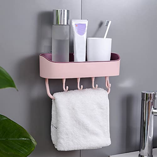 FONDUO Duschablage Ohne Bohren, Duschablage Duschkorb Organizer Mit 4 Haken Duschregal Nagelfrei Selbstklebend Wandhängend Organizer Handtuchhalter für Shampoo Halterung Badekugel (Rosa) von FONDUO