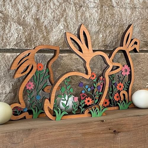 FONDUO Frühlingsdeko Osterhase Holz Innen Deko, Ostern Hase Figuren Deko Aufsteller, Frühling Tischdeko Basteln, Osterdeko aus Holz für Balkon Wohnzimmer Frühling Ostern deko Geschenk von FONDUO
