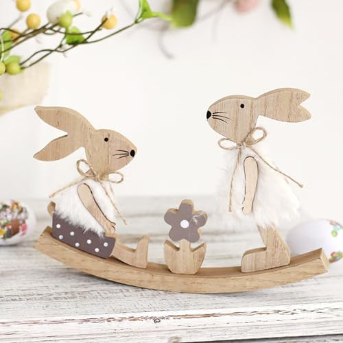 FONDUO Osterdeko Holz Hase, Osterhase Wippe Tischdeko, Deko Holzaufsteller Ostern, Osterschmuck Ornamente für Büro Desktop Geschenk (Wippe) von FONDUO