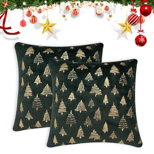 FONDUO Weihnachtsdeko Kissenbezug 45 x 45cm, Weihnachten Baum Muster, 2er Set Plüsch Kopfkissenbezug Kissenhülle, Weihnachtskissen Winter Deko Innen, Kissen Deko für Sofa Schlafzimmer (Grün) von FONDUO