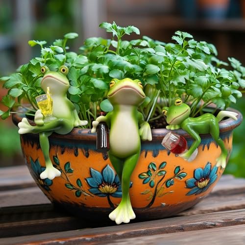 Frosch Figuren Teichdeko Miniteich Frosch Garten Deko für Draußen Wetterfest Harz Gartenfigur Blumentopf Hängend Decor Gartendeko Statue Für Außen Garten Kantenhocker Dekoration Geschenk (3 Stück) von FONDUO