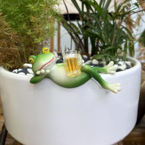 Frosch Figuren Deko Frühling Garten Deko für Draußen Wetterfest Harz Gartenfigur Blumentopf Hängend Decor Gartendeko Statue Für Außen Garten Teich Balkon Miniteich Teichdeko (R) von FONDUO