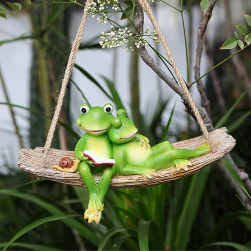 Gartendeko Hängend Frosch, Hängender Hängematte Frosch Deko Garten Figuren 25x8.5x13Cm, Balkon Fenster Baum Deko Harz Statue, Dekofigur Frosch Blumentopf Aufhänger Draußen, Gartenfiguren Fensterdeko von FONDUO