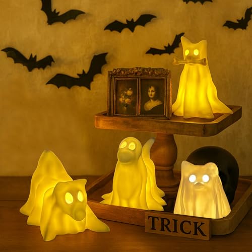 Geister Welpe Halloween Dekorationen Innen, Harz Tiere Figur Ornament mit LED Lichter, Halloween Tischdeko Nachtlicht, Geister Deko, Leuchtender Geisterfigur Für Innendekorationen Geschenk (4 Stück) von FONDUO