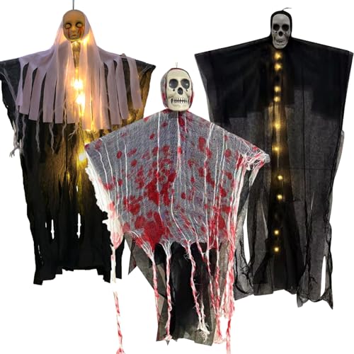 Halloween Deko Geist Mit LED Licht Für Outdoor, Halloween Beleuchtung Außen, Hängende Geister Deko Ghosts Windsäcke Windsock Für Terrasse Innen Garten Horror Mottoparty Halloweendeko Laterne (A+B+C) Halloween Deko Geist Mit LED Licht Für Outdoor, Halloween Beleuchtung Außen, Hängende Geister Deko Ghosts Windsäcke Windsock Für Terrasse Innen Garten Horror Mottoparty Halloweendeko Laterne (A+B+C) von FONDUO