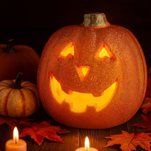 Halloween LED Kürbis Laterne Für Outdoor Innen, Halloween Deko Kürbis Figuren, 20cm Herbstdeko Pumpkin Statuen Ornamente mit Licht Für Drinnen und Draußen Party Herbst Tischdeko Beleuchtung (E) von FONDUO
