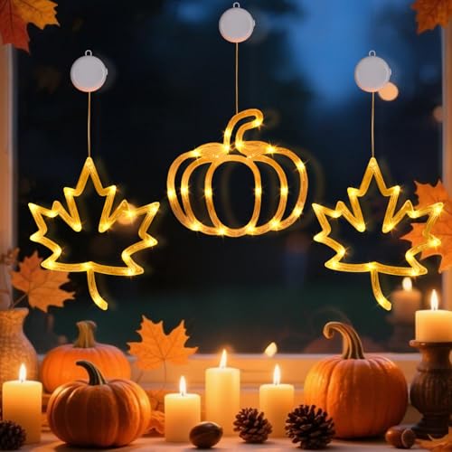 Herbstdeko LED Kürbis Licht Herbst Dekoration innen Fensterlichter mit Saugnapf Wasserdicht Herbst Deko Fenster Lichter Halloween Deko Kürbis Lichterkette Fensterdeko Herbst Dekoration (3 Stück) von FONDUO